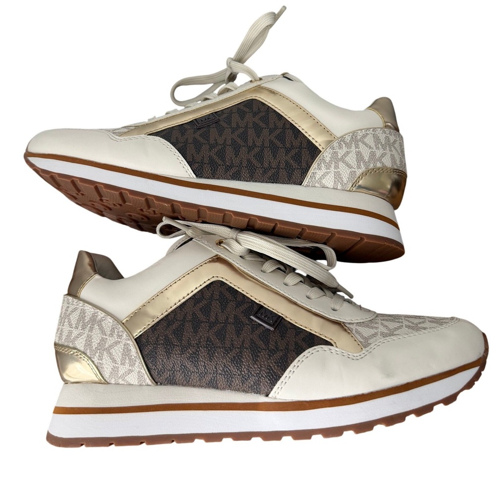 Michael Kors Maddy Mixed Media Sneakers Vanilla Gold Logo Monogram 7.5M NWOB - Picture 3 of 9